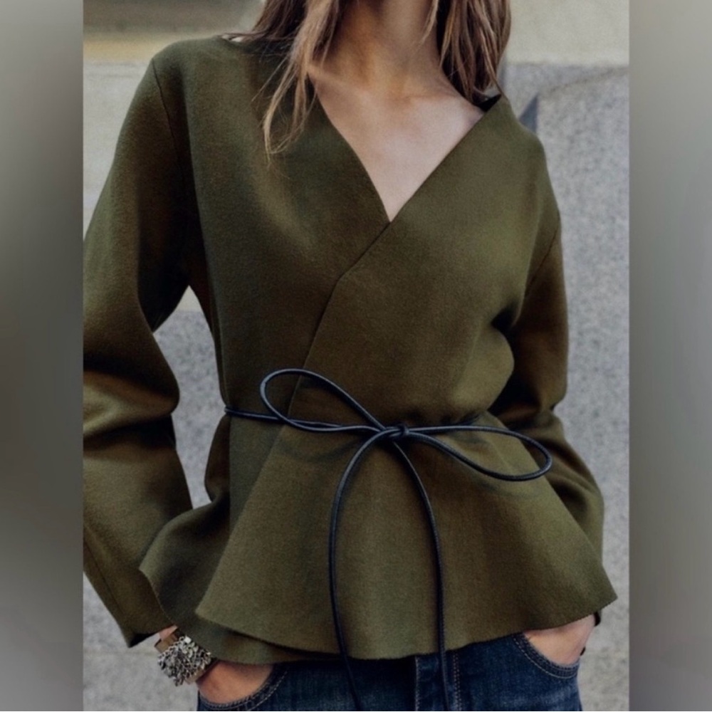 NWT Zara Belted Cardigan Jacket | Quiet Luxury Minimalist XL Dark Khaki 9598